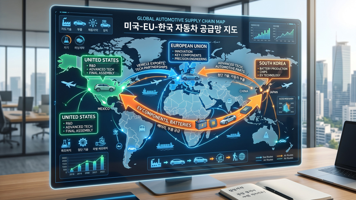 미국 EU 한국 글로벌 자동차 공급망 연결 인포그래픽