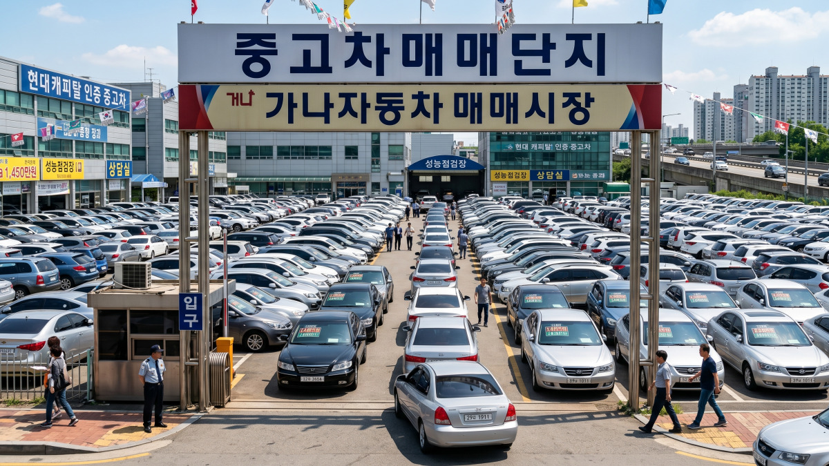중고차 매매단지 입구에서 바라본 빽빽한 주차 전경