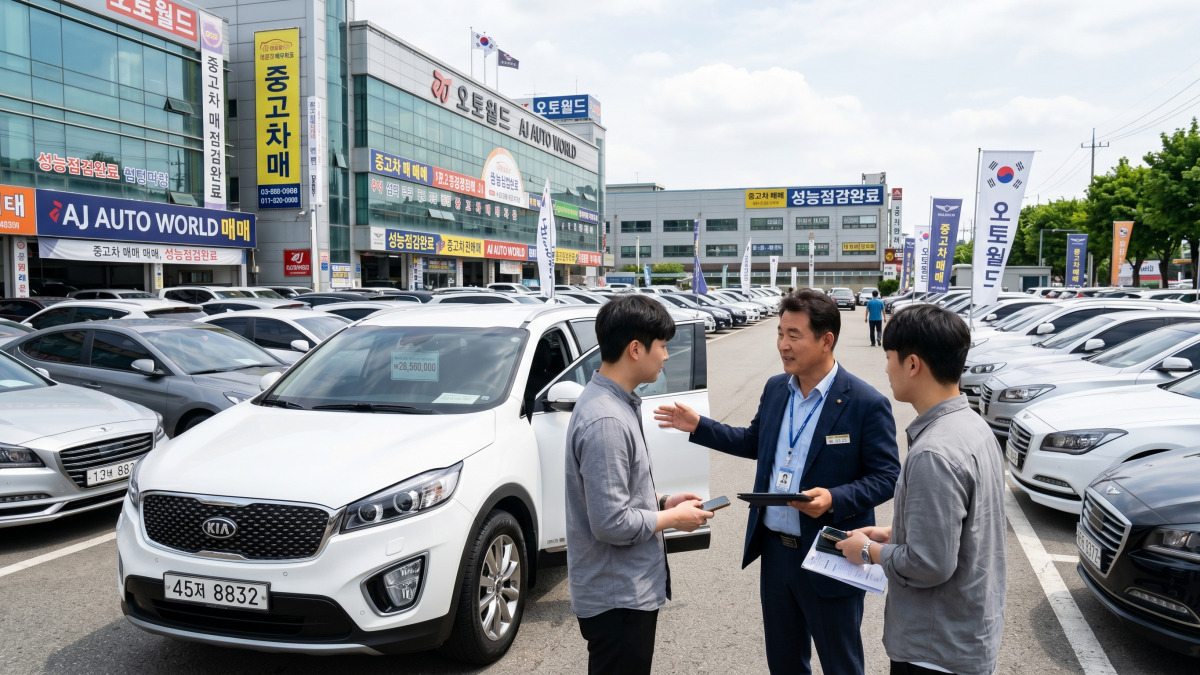 중고차 딜러가 차량 옆에서 상담하는 장면